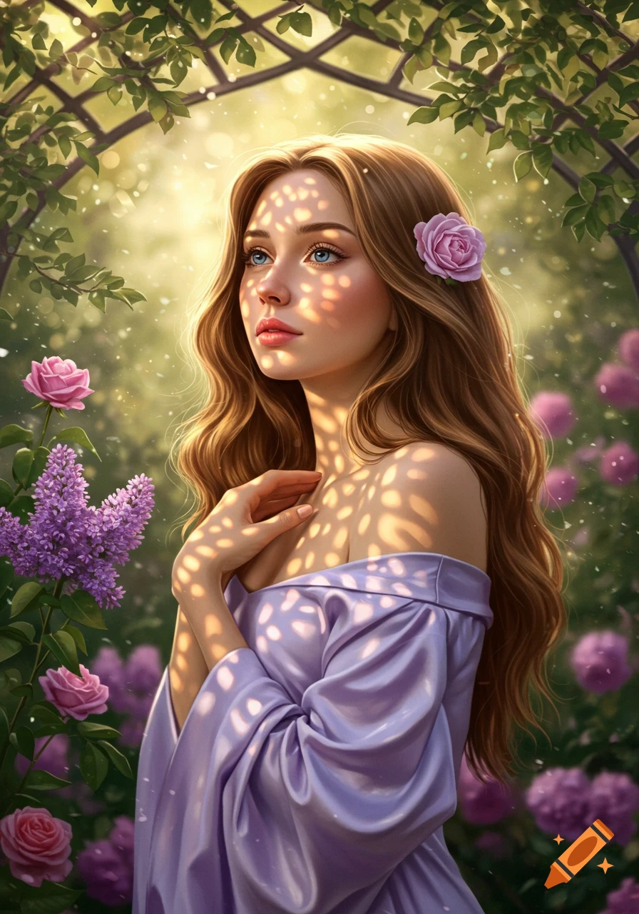 A beautiful woman with long brown hair and blue eyes in a purple dress, standing in a sunny garden with roses and lilacs. Dappled light falls on her.