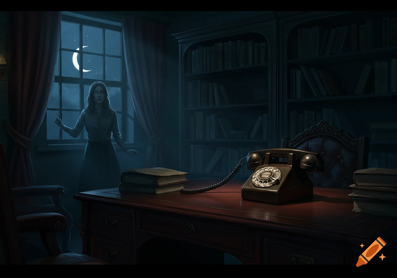 A woman stands by a window at night in a dimly lit study with a desk and an old rotary phone in a digital illustration style.
