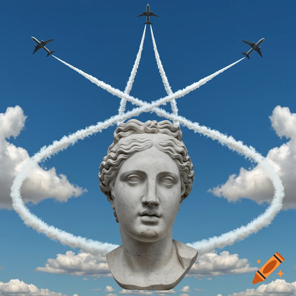 A classical marble bust of a woman's head against a bright blue sky with clouds. Three jetliners fly around the bust, their contrails forming a star and oval shape.