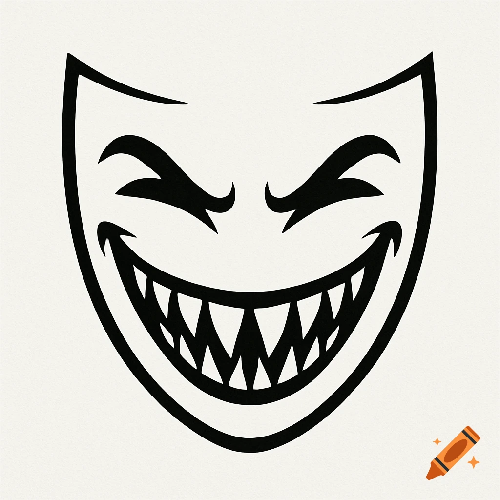 A black and white simple logo of an evil grinning mask with sharp teeth and narrowed eyes.