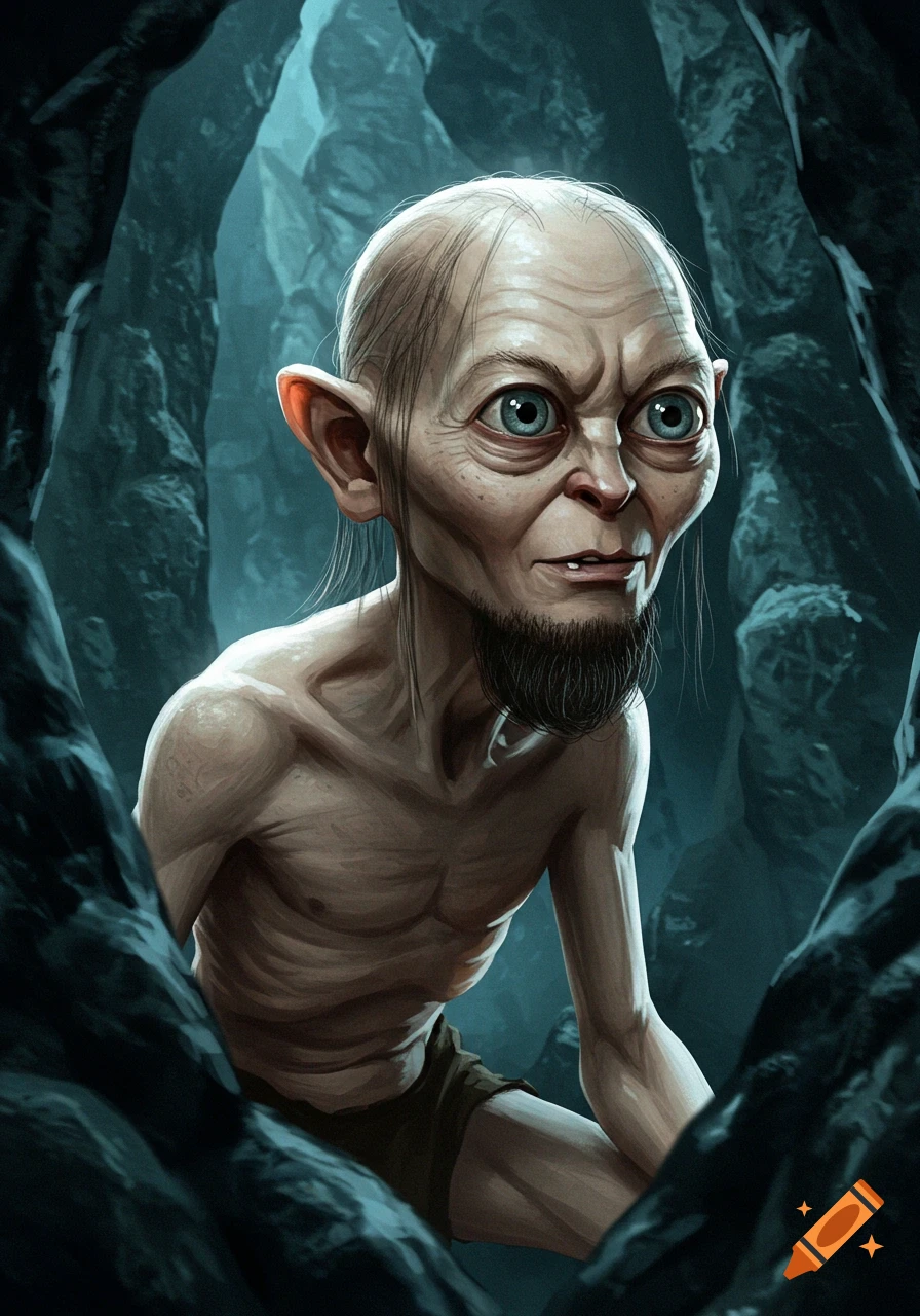 A detailed illustration of Gollum, a bald, emaciated creature with large blue eyes and a goatee beard, peering out from a dark, rocky cave.
