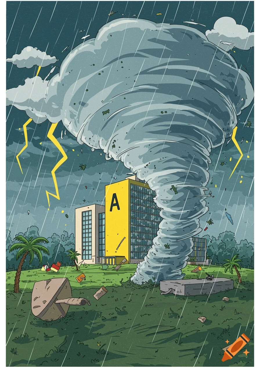 Cartoony illustration of a large tornado and heavy rain hitting a yellow modern building with a large 'A' on its side, surrounded by trees and debris.
