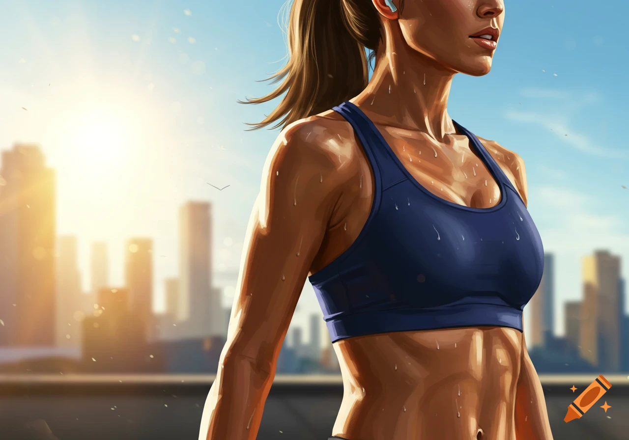 Sweaty woman in a blue sports bra with an earbud, looking to the side, with a sunlit city skyline in the background.