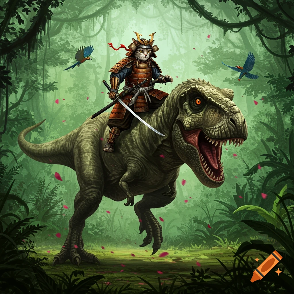 A samurai cat in armor rides on the back of a large T-Rex through a lush, green jungle with pink petals falling.