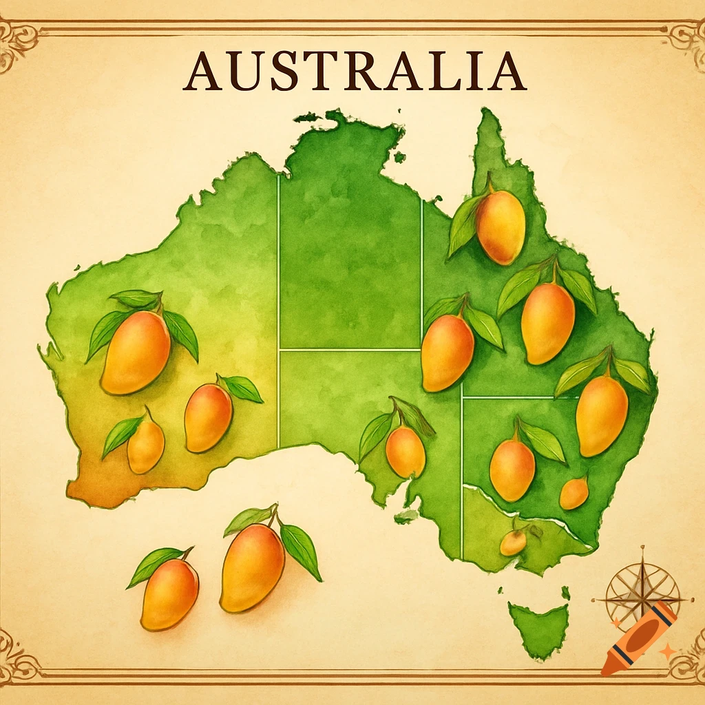 Watercolor map of Australia with multiple ripe mangoes scattered across the green landmass, on a parchment background with a compass rose.