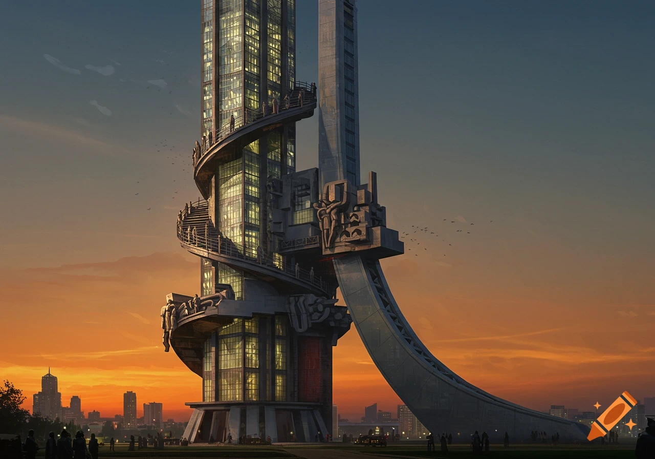 A grand brutalist skyscraper with a spiral staircase against an orange sunset sky, city skyline in the background.
