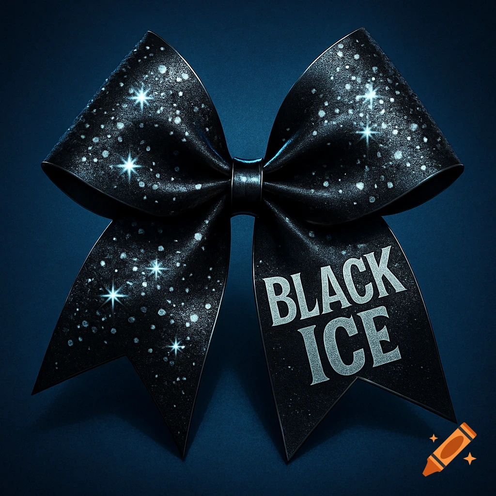 A glittery black cheerleading bow with the words "BLACK ICE" on a dark blue background.