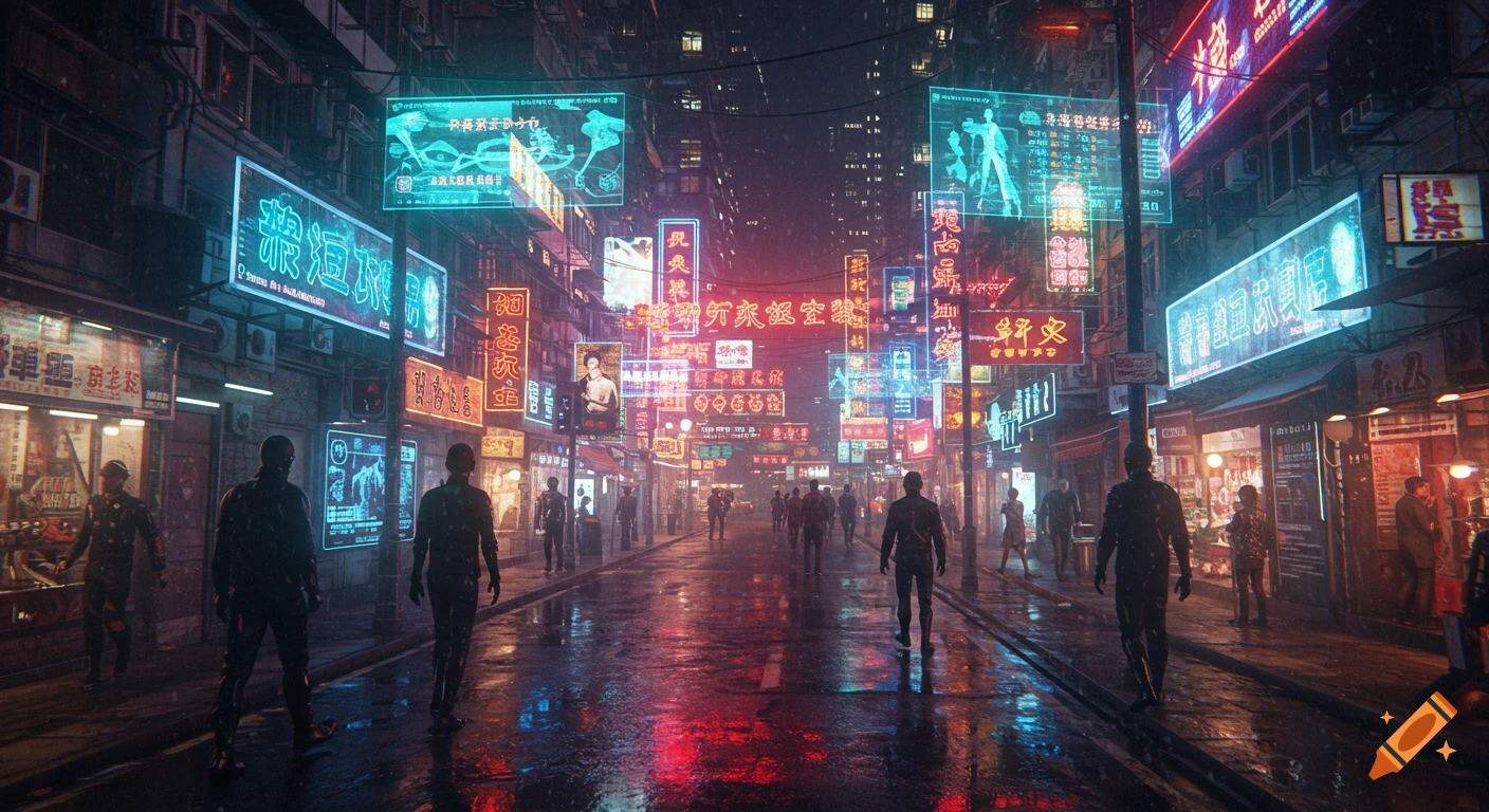 A vibrant cyberpunk Hong Kong street at night, with neon signs reflecting on wet pavement and silhouetted cyborg pedestrians.