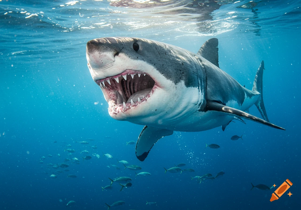 Photorealistic great white shark with its mouth wide open, swimming in clear blue ocean water with small fish around it.