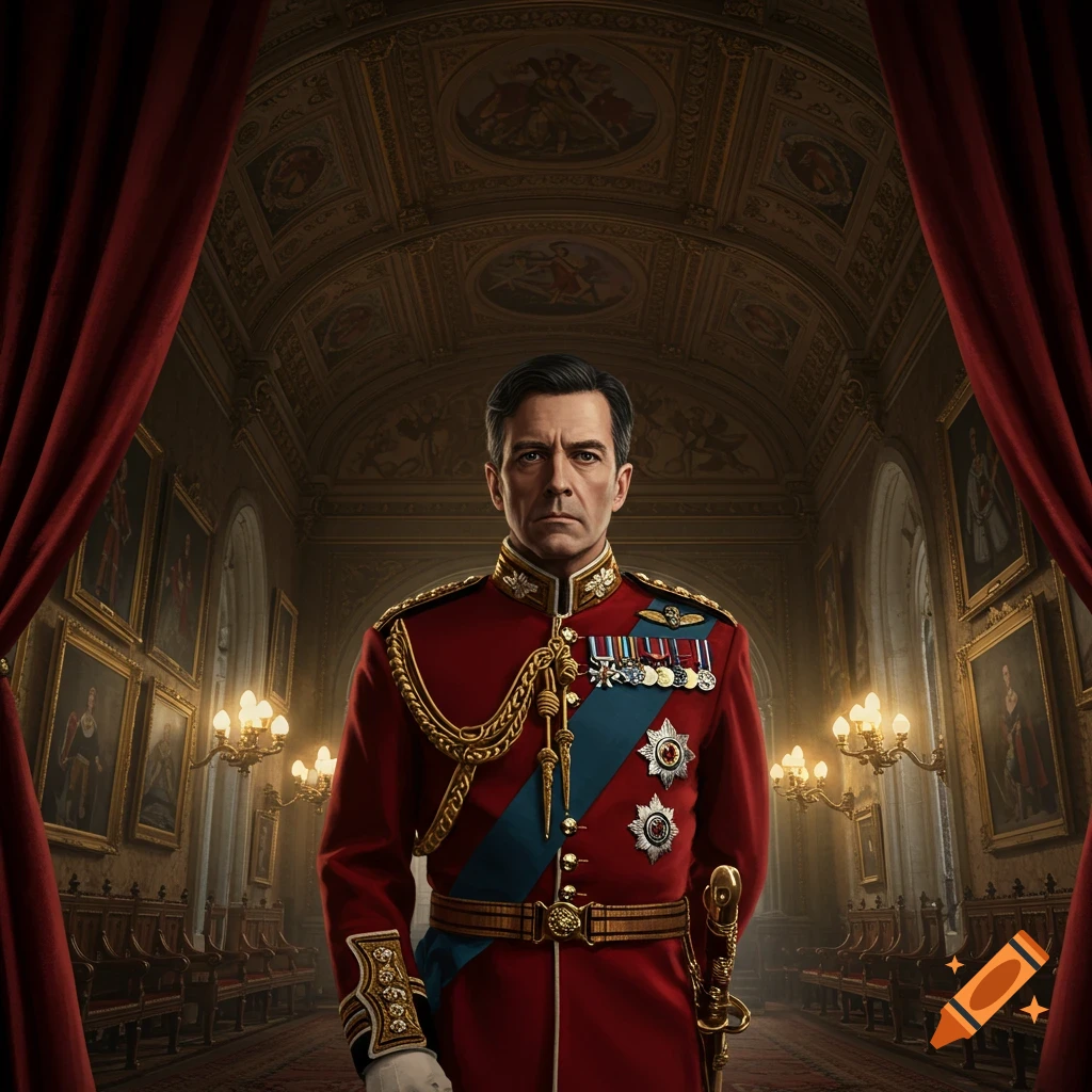 A photorealistic portrait of a stern man in a red military uniform with medals, standing in a grand hall with red curtains.