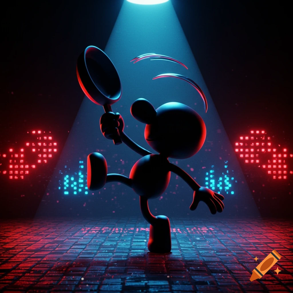 Stylized 3D render of Mr. Game & Watch holding a frying pan on a dark stage with red and blue neon pixel lights.