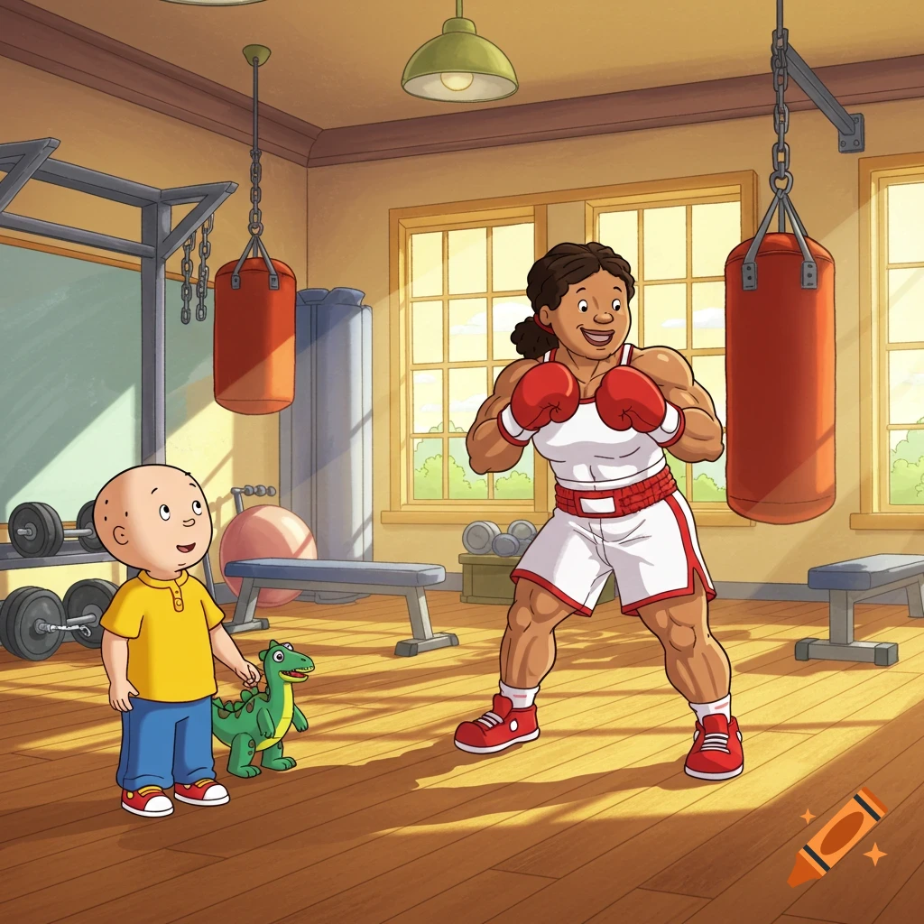 Caillou and a small green dinosaur watch a muscular female boxer in a gym, with a punching bag and weights in the background, in a cartoon style.