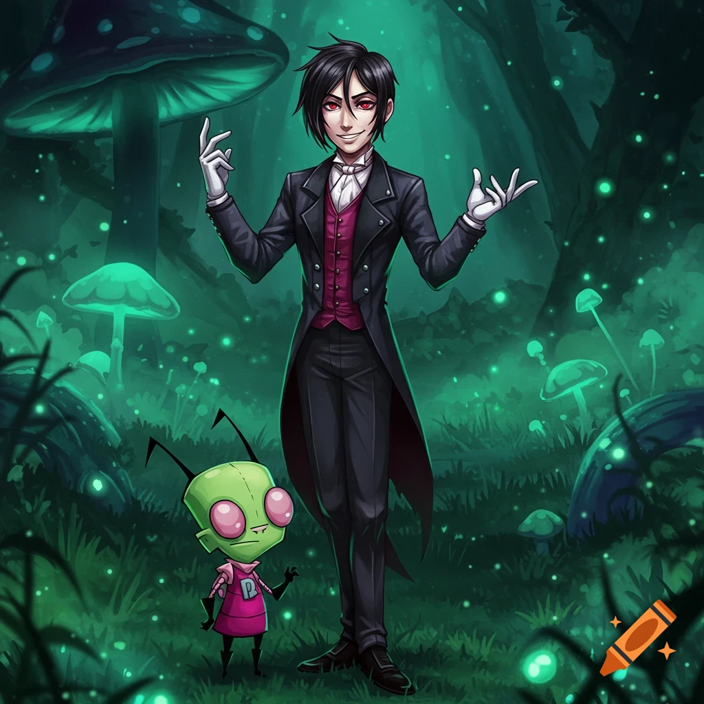 Sebastian Michaelis and Invader Zim stand in a dark, glowing mushroom forest, illustrated in a digital art style.