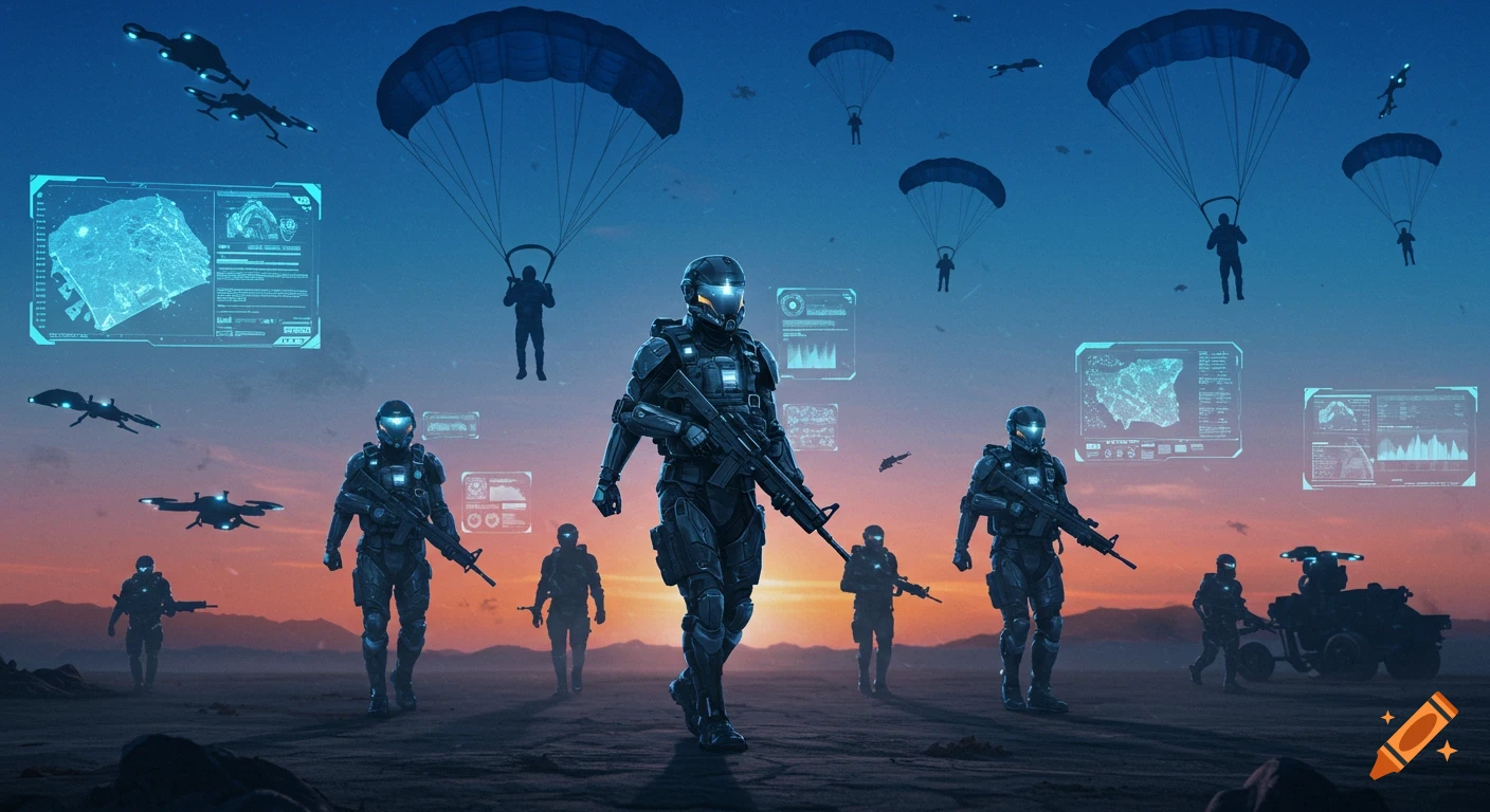 Futuristic soldiers move across a barren landscape at dusk, with paratroopers descending and holographic screens in the sky.