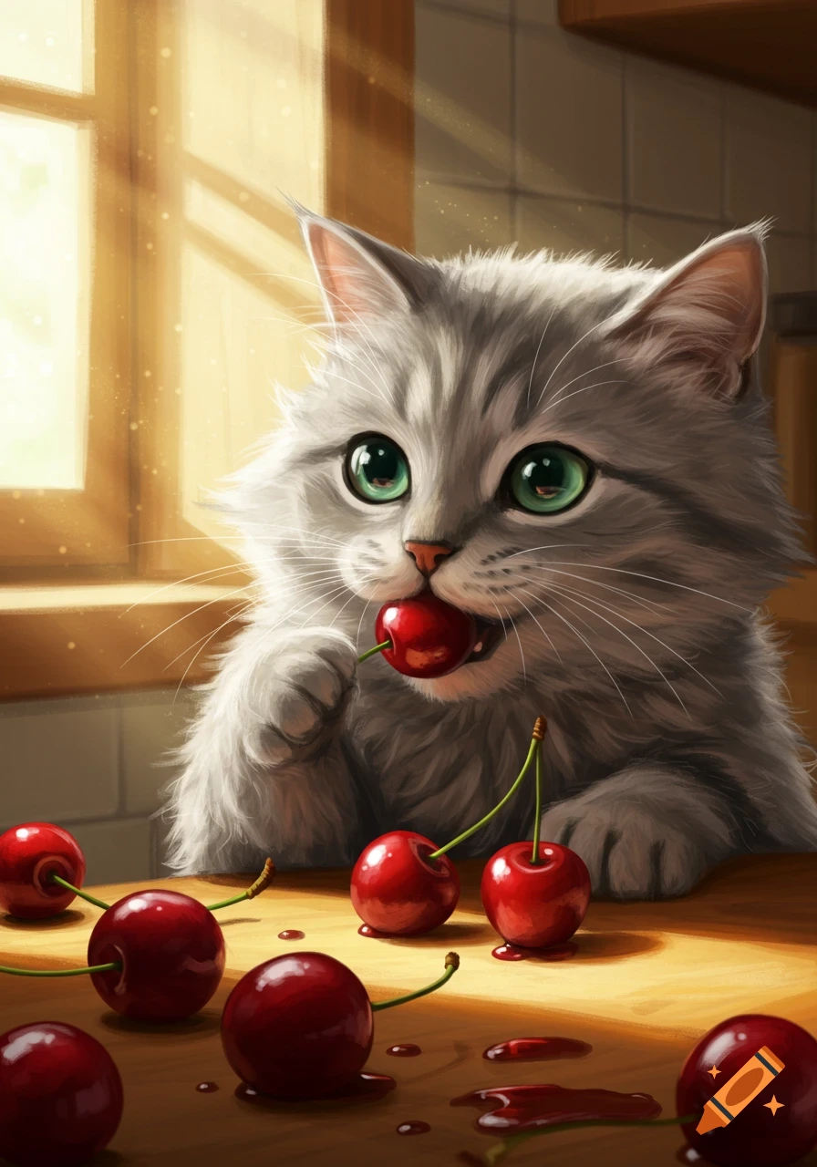 A cute fluffy gray cat with green eyes biting a red cherry, with more cherries and juice on a wooden counter in a sunlit room. Illustrated style.