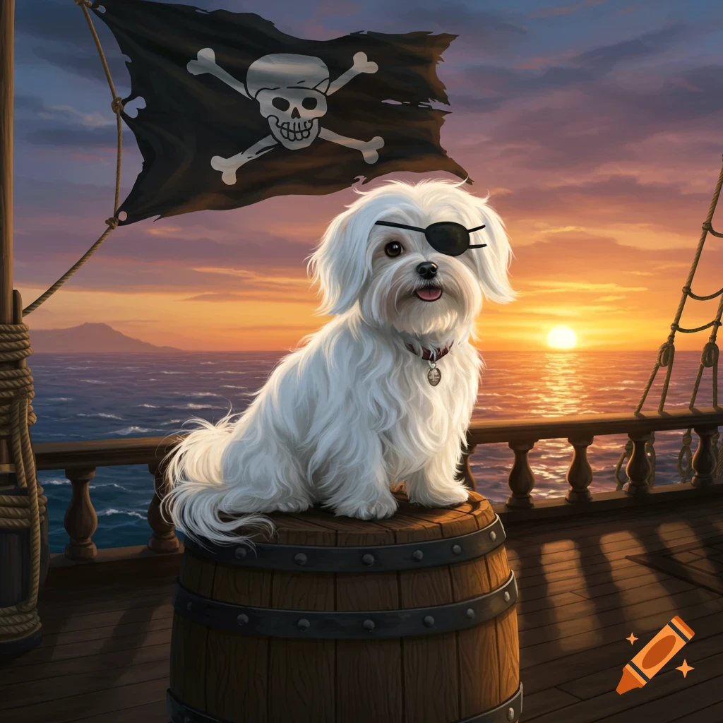 A Maltese dog in an eye patch sits on a barrel on a pirate ship deck at sunset, a skull flag flying.