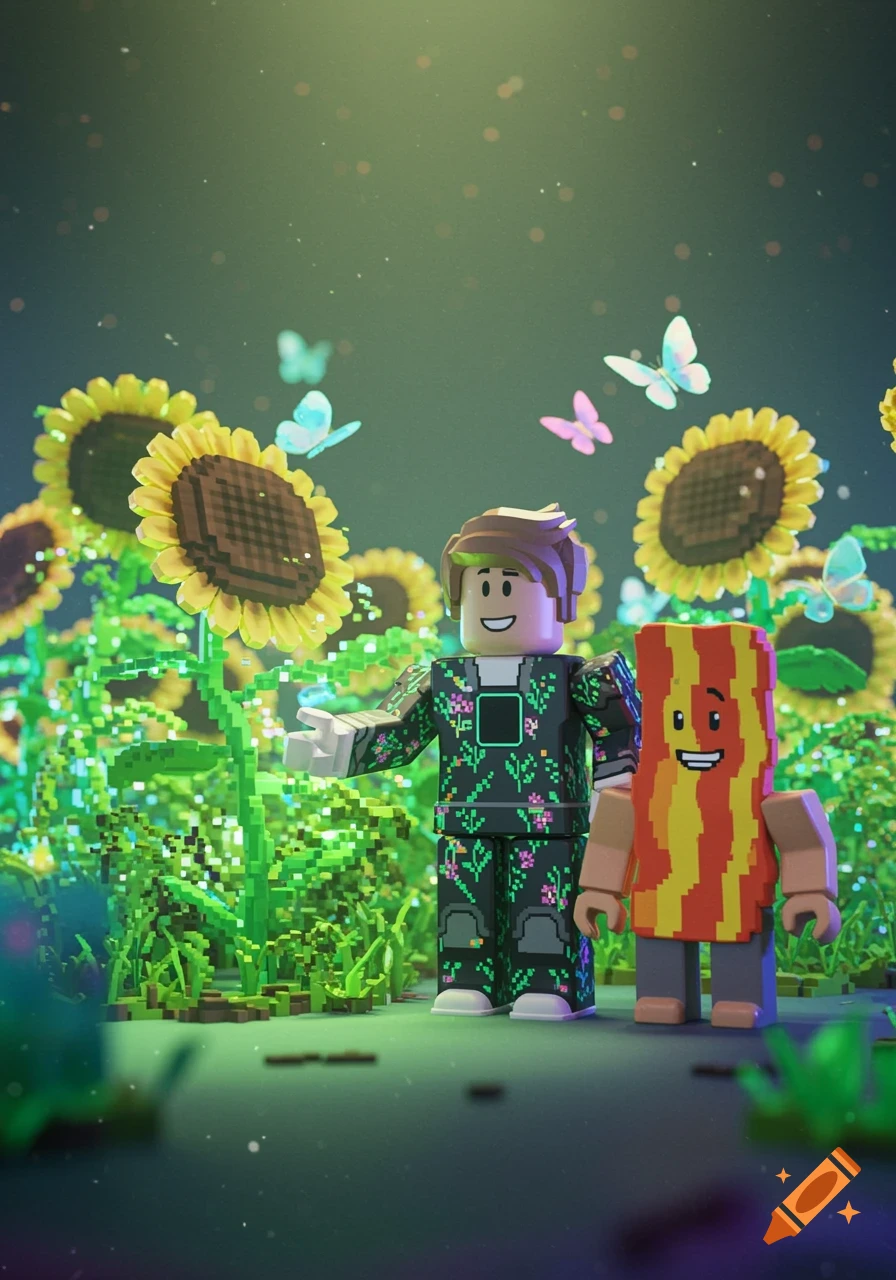 Roblox characters, one resembling bacon, stand in a vibrant pixelated sunflower garden with butterflies.
