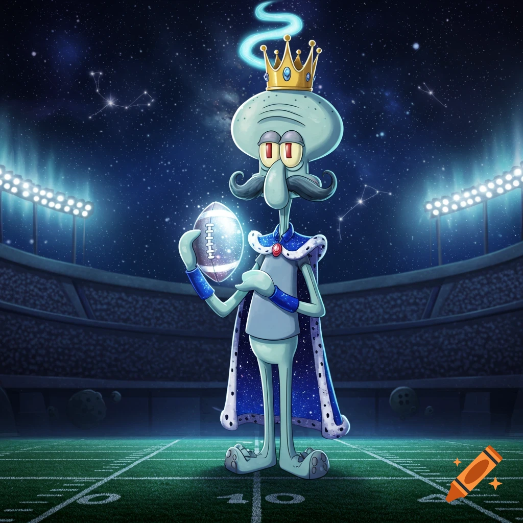 Cartoon Squidward as a king with a mustache, holding a glowing football in a space stadium under a starry sky.