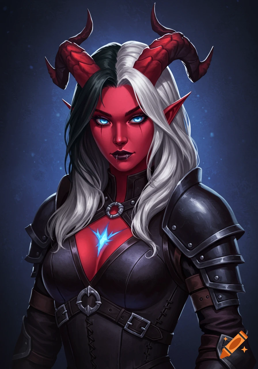 Fantasy portrait of a red-skinned tiefling woman with red horns, split black and white hair, glowing blue eyes, and a blue chest scar, wearing dark armor.