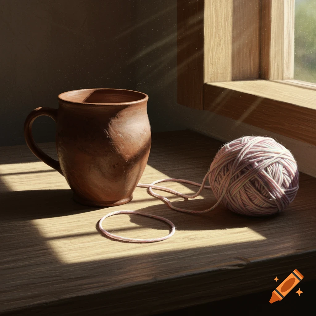 A sunlit still life of a clay mug, a ball of pink and white yarn, and a string on a wooden surface by a window.