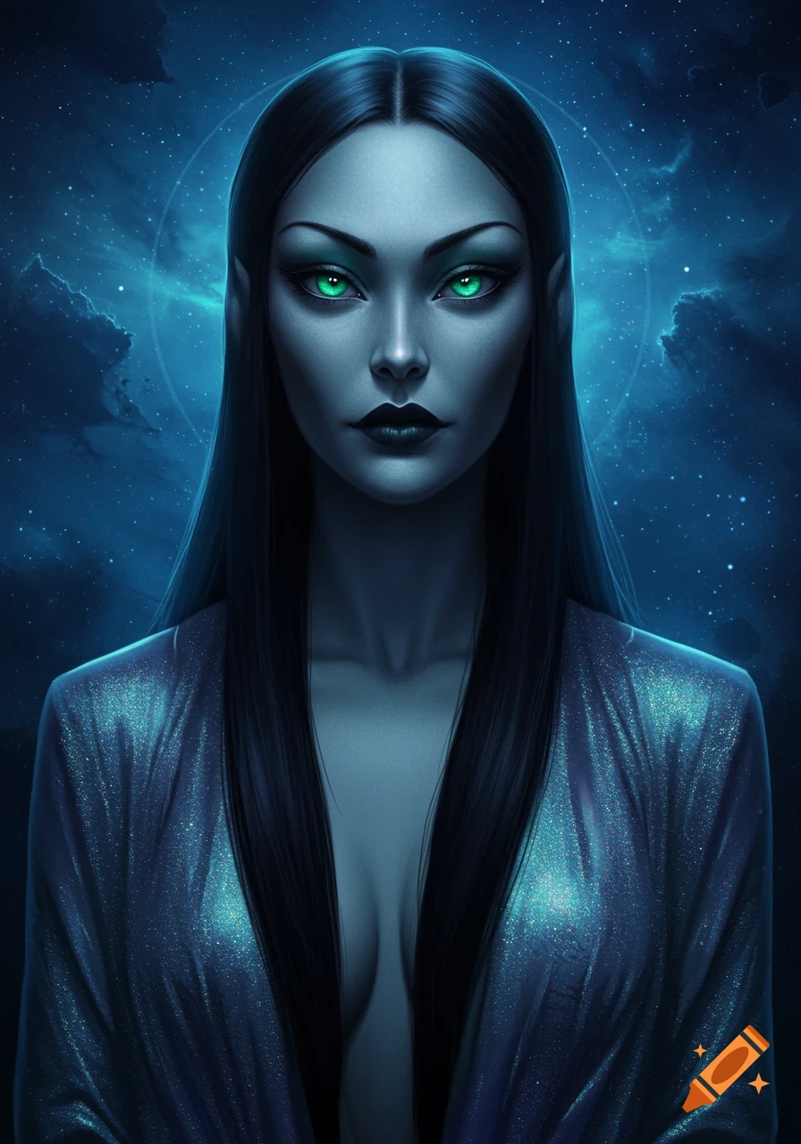 A striking portrait of an alien noblewoman with glowing green eyes and long dark hair, wearing a shimmering blue robe against a starry space background.