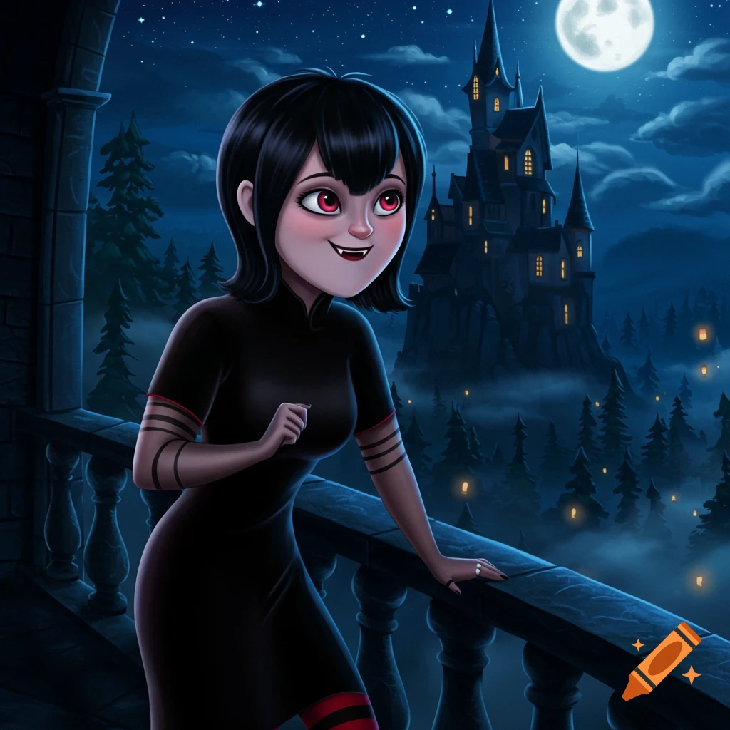 A cartoon vampire girl, Mavis, with short black hair and red eyes, on a balcony at night overlooking a spooky castle under a full moon.