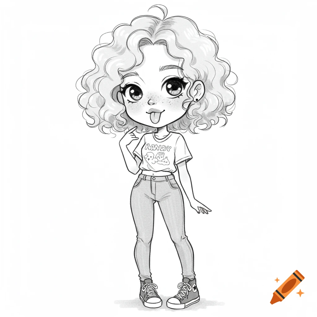 A black and white sketch of a chibi woman with curly hair, wearing a t-shirt and jeans, sticking her tongue out.
