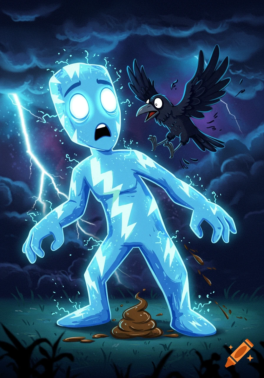 A cartoon lightning man in a storm looks shocked as a crow poops on the ground next to him.