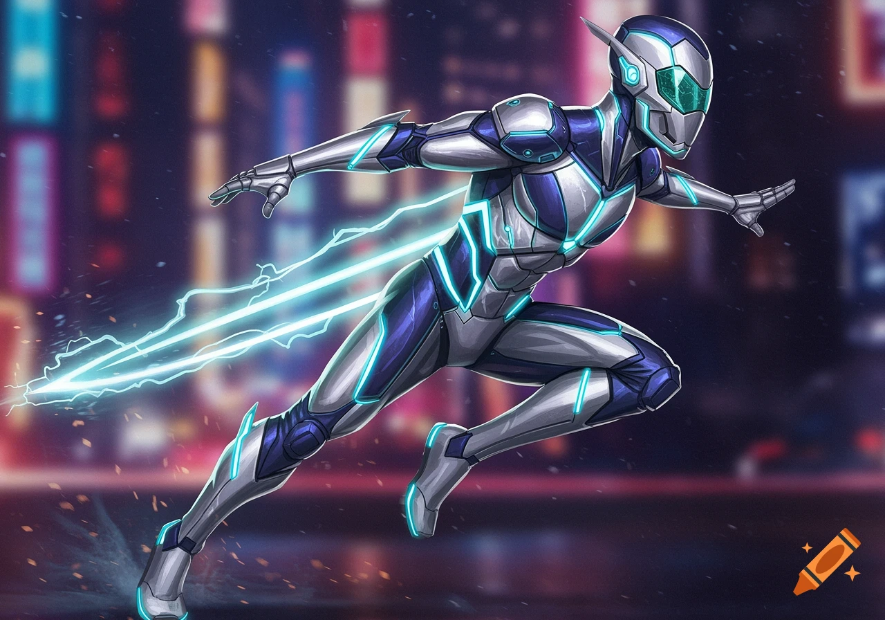 A silver and blue armored superhero with a glowing visor runs with a blue lightning trail against a blurred city at night.