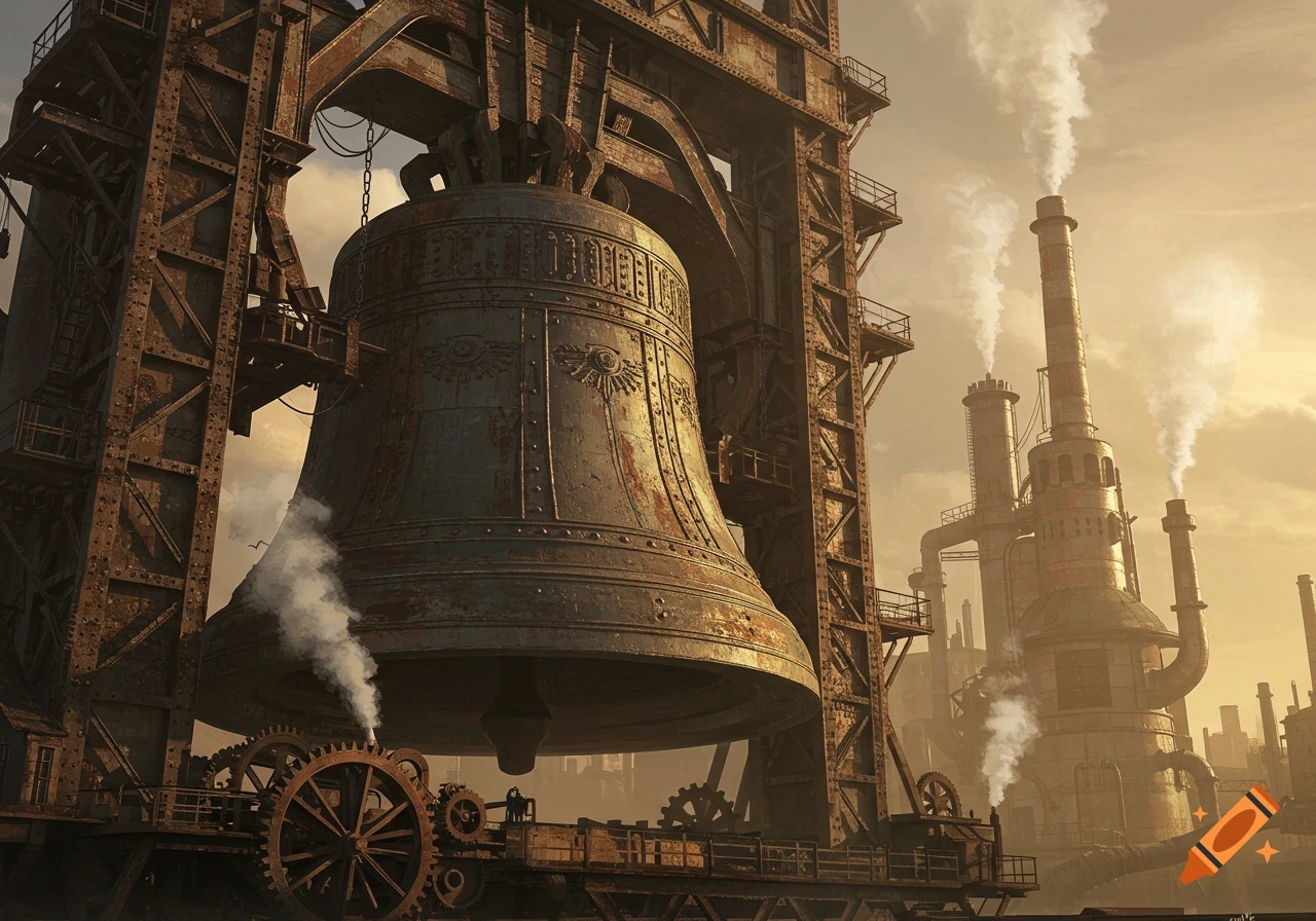 Massive, ornate rusty bronze bell in an industrial steampunk setting, with towering metal structures and smoking chimneys under a golden sky.