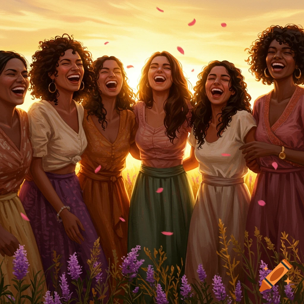 Six women laughing joyfully in a field of purple flowers at sunset, with pink petals falling around them, in a painterly style.