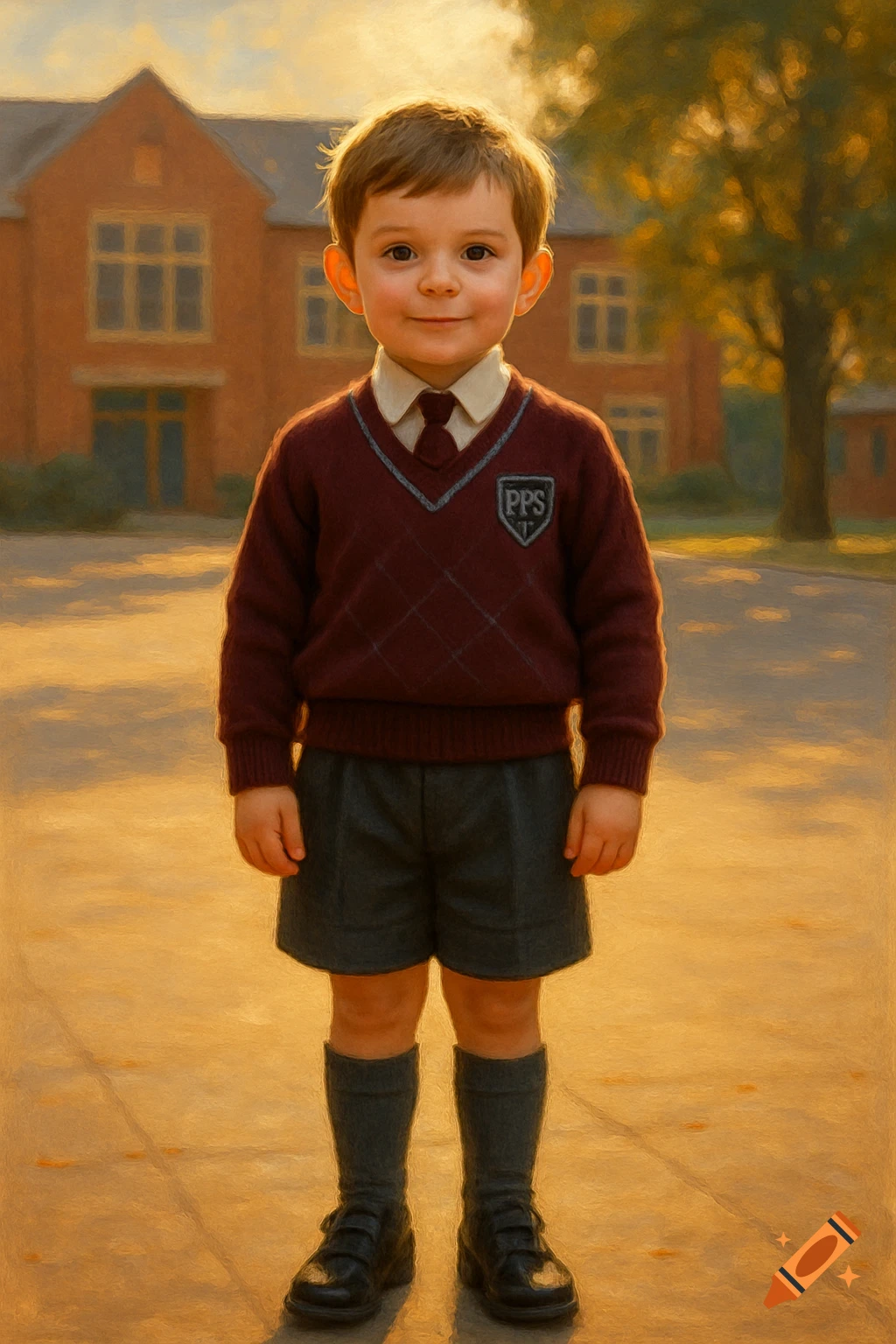 A young boy in a school uniform stands in front of a school building, rendered in a painterly style.