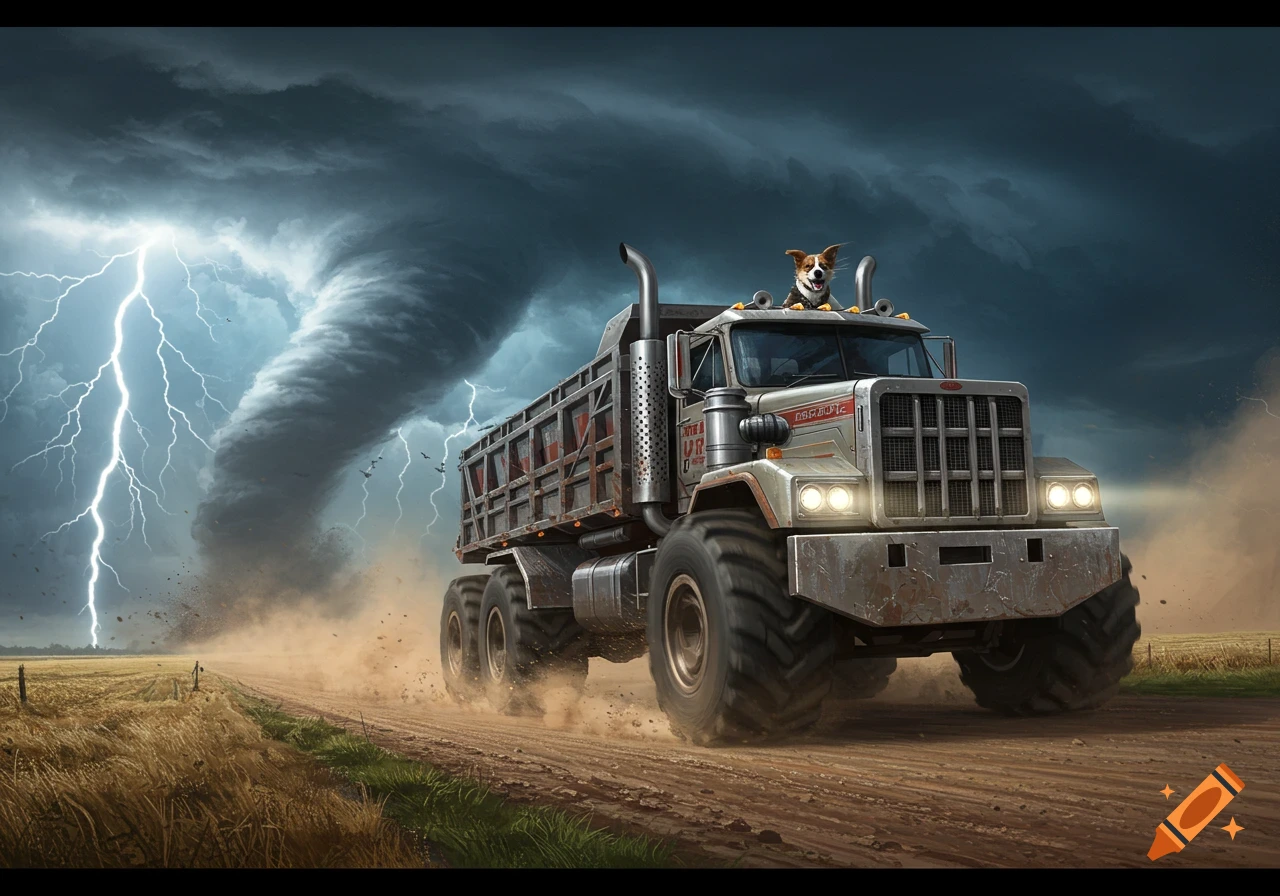 A dog rides a large monster truck down a dirt road as a massive tornado and lightning strike in the background over fields.