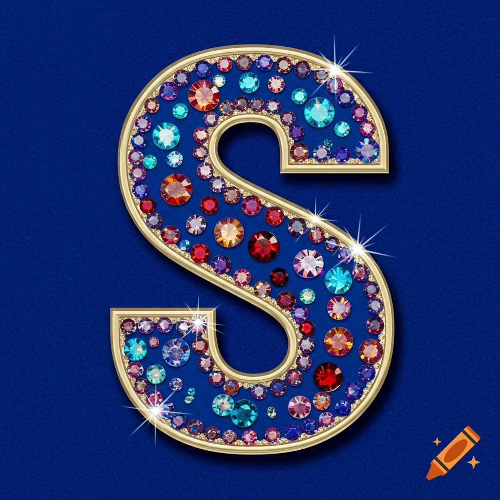 Gold-bordered capital letter S filled with colorful sparkling rhinestones on a deep blue textured background.