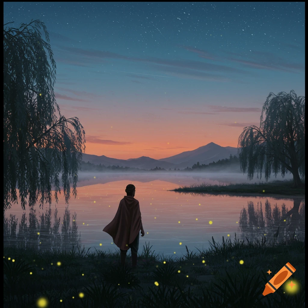 A lone figure in a cloak stands by a misty lake at twilight, surrounded by glowing fireflies, with mountains in the distance and a starry sky.