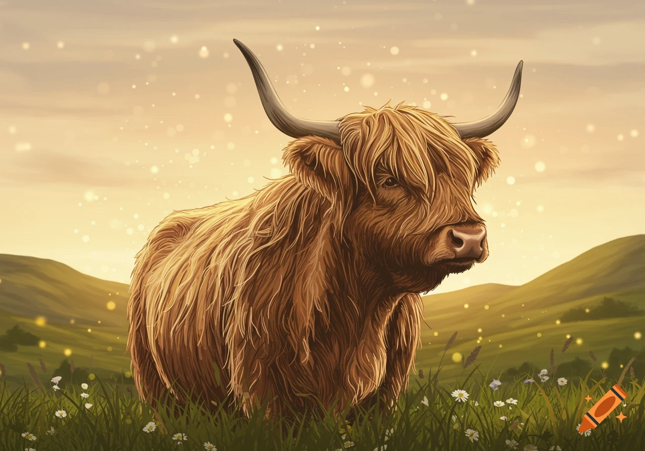 A fluffy brown Highland Cow stands in a grassy field with white flowers under a warm, glowing sky, digital illustration.