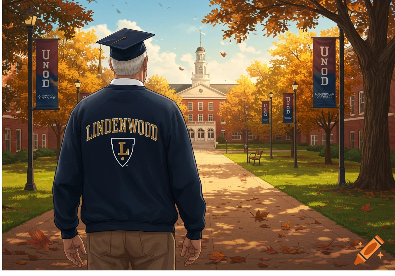 An illustration of a man in a graduation cap and Lindenwood sweater walking towards a university building in autumn.