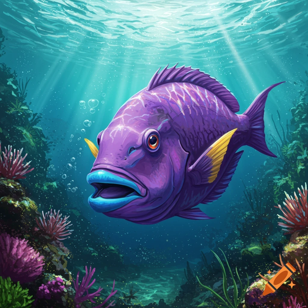 A vibrant purple fish with thick blue lips swims amidst colorful coral and plants in a sunlit underwater reef.