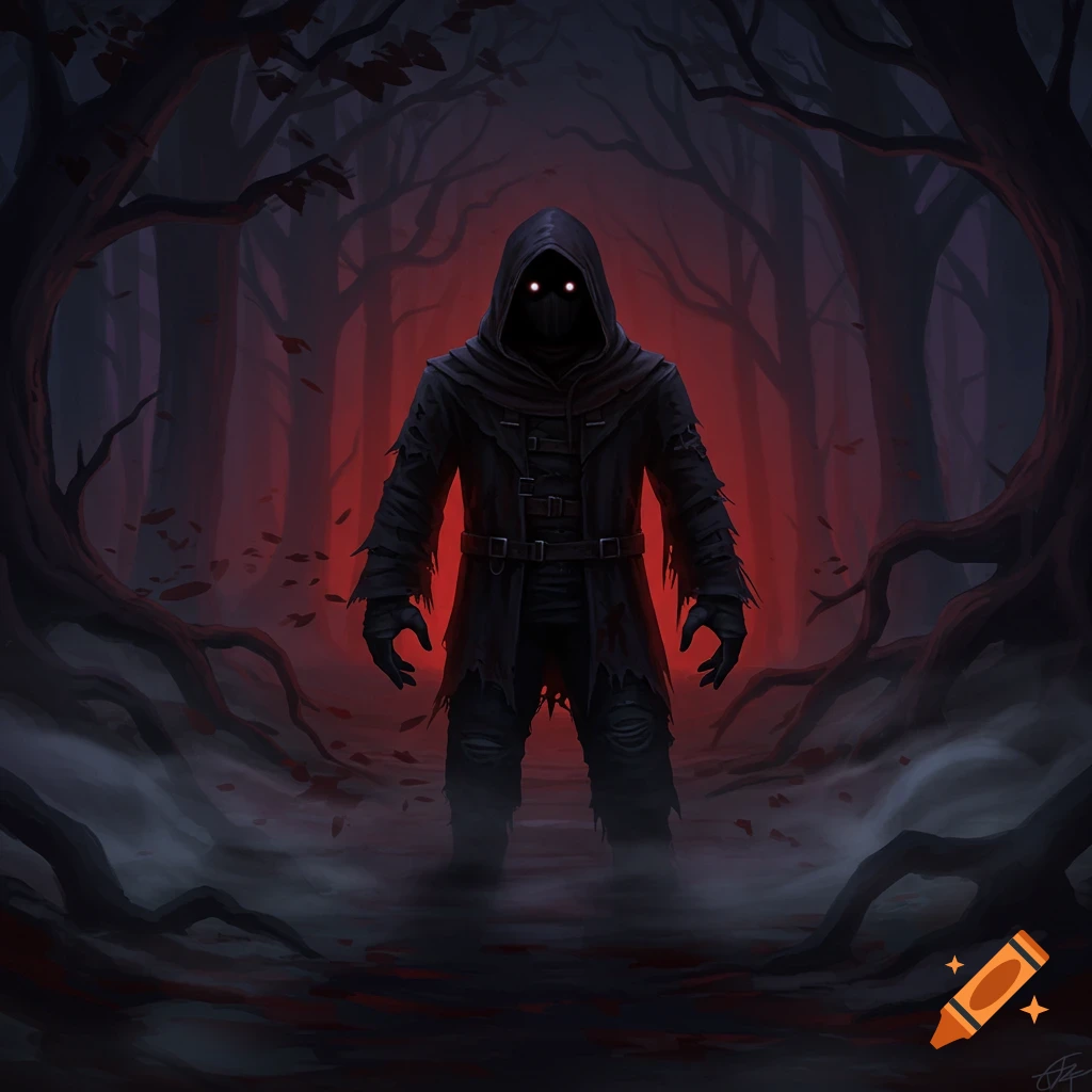 A dark, hooded figure with glowing red eyes stands menacingly in a shadowy forest bathed in a red glow and mist.