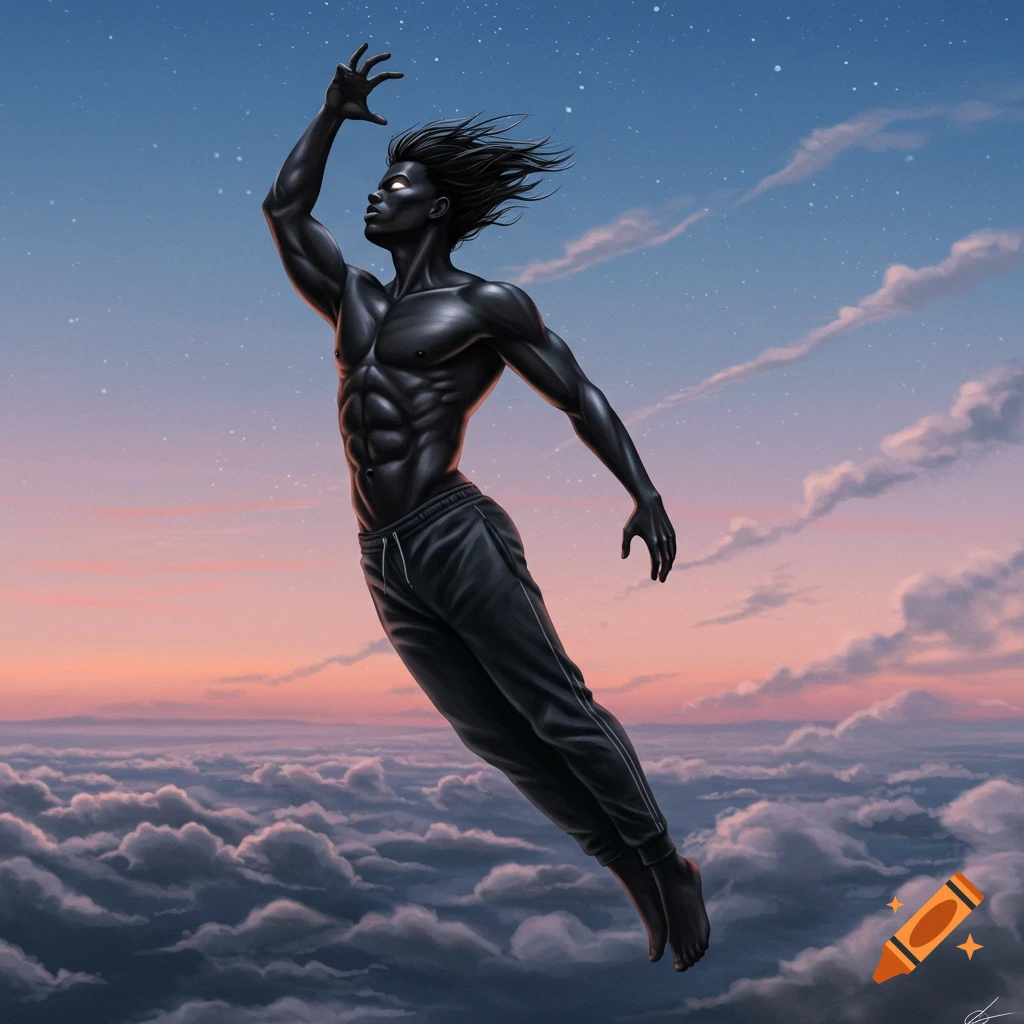 A muscular, dark-skinned figure with glowing eyes and windswept black hair flies above clouds in a twilight sky. Digital art.