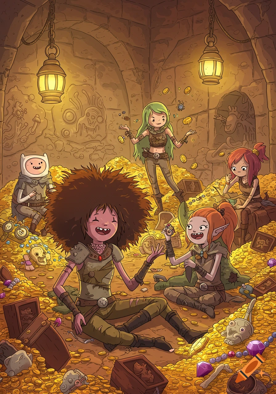 A group of cartoon-style adventurers, including Finn from Adventure Time, gather in a dungeon's treasure room filled with gold and jewels.