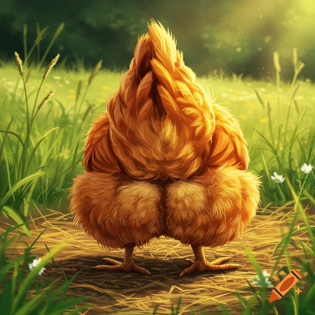A fluffy orange chicken stands with its back to the viewer on a path in a sunlit green field. Stylized illustration.