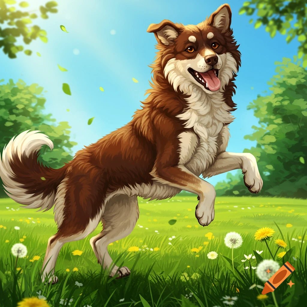 A fluffy brown and white dog joyfully jumps in a sunny green field with dandelions.