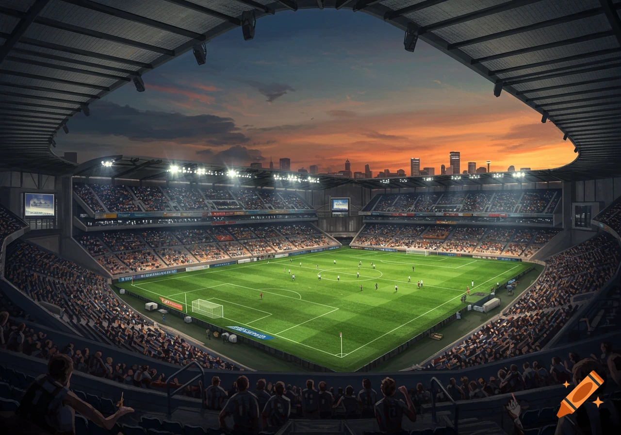 A vibrant soccer game under stadium lights at sunset with a city skyline in the background, viewed from the stands.