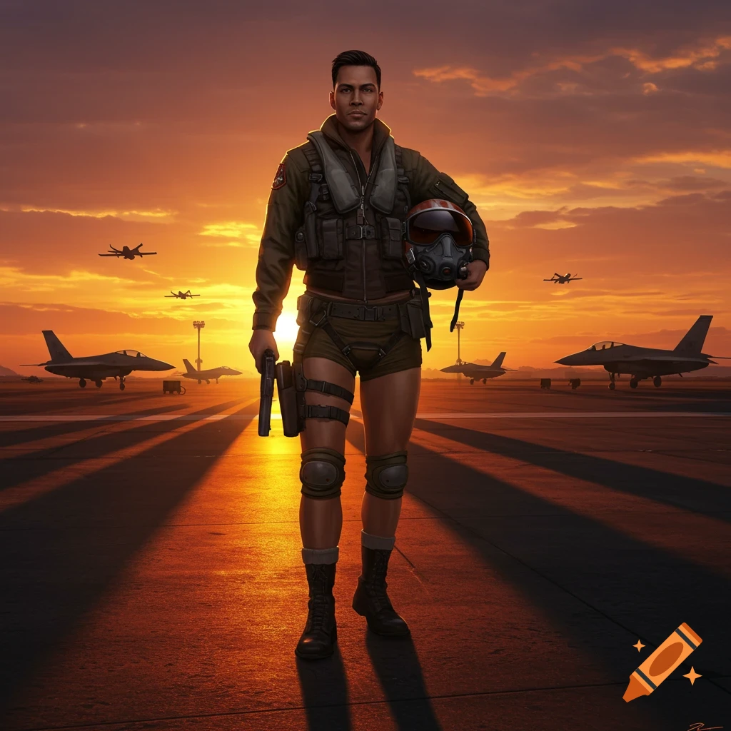 Photorealistic image of a male fighter pilot in short shorts holding a helmet and pistol, standing on an airfield at sunset with jet fighters.