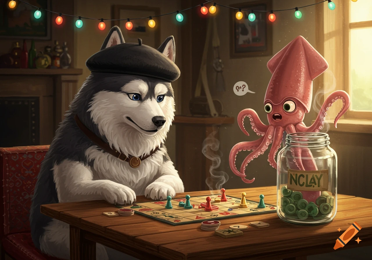 A cartoon husky in a black beret plays a board game with a startled pink squid next to a jar of green items.