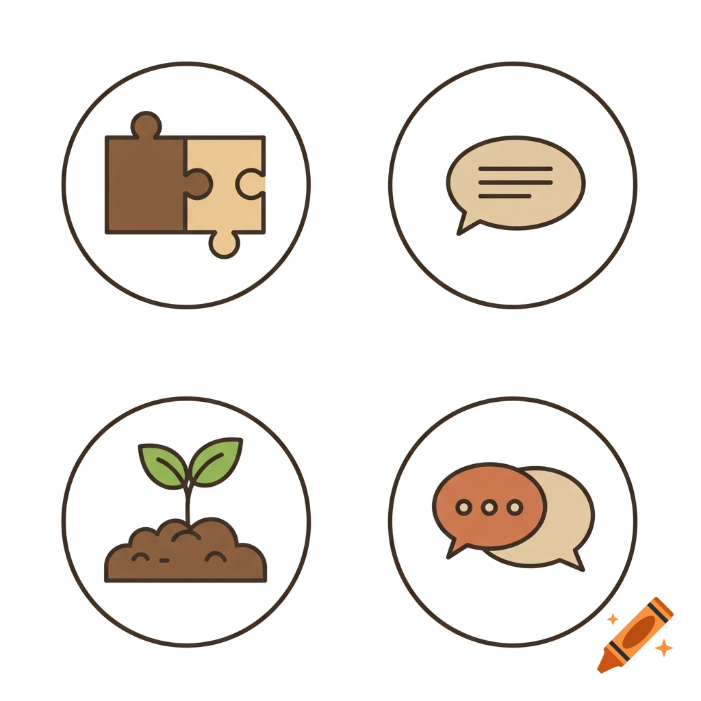 Four vector icons: interlocking puzzle pieces, a speech bubble, a seedling in soil, and two overlapping speech bubbles, all in circular frames with earthy tones.