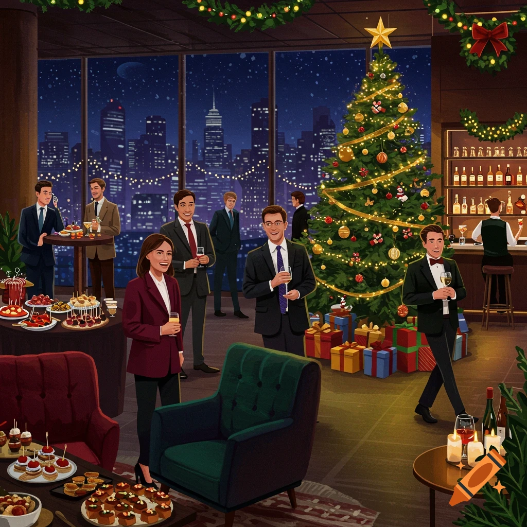 An illustrated scene of a corporate holiday party in a high-rise building with a city skyline view at night.