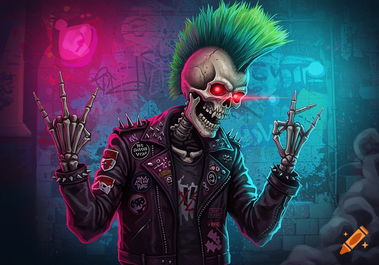 A punk skeleton with a green mohawk and glowing red eyes, wearing a spiked leather jacket covered in patches, making rock-on hand gestures against a neon urban background.