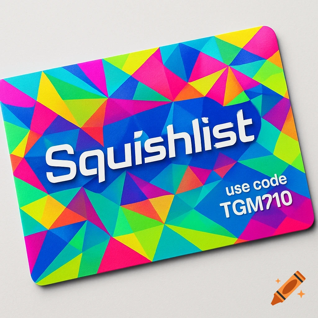A vibrant business card with a geometric pattern, featuring the text 'Squishlist' and 'use code TGM710'.